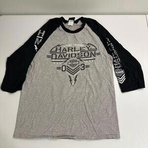 Harley Davidson NC Shirt Mens Medium 3/4 Sleeve Gray Milwaukee Black Cat Tee